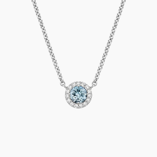 Silver Aquamarine Halo Pendant with Moissanite Accents Necklace