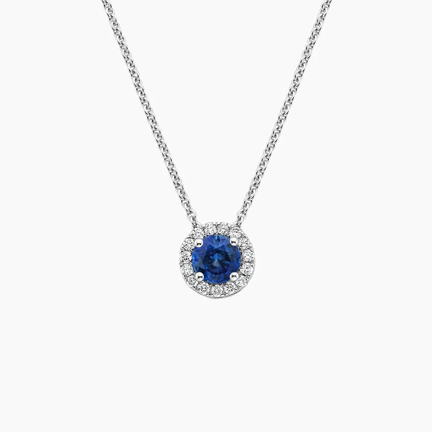 Silver Sapphire Halo Pendant with Moissanite Accents Necklace