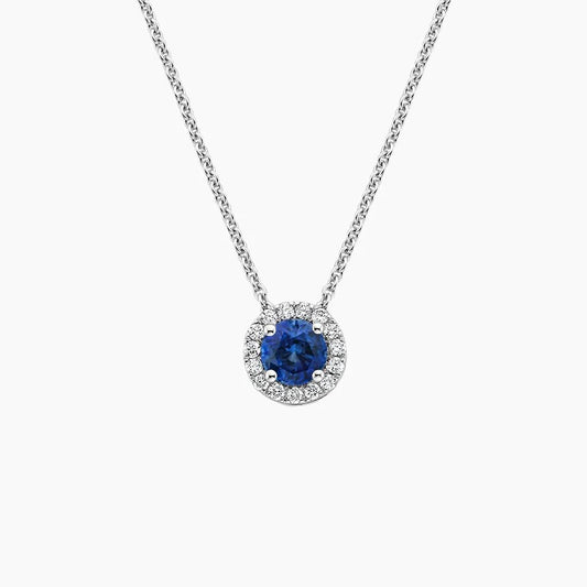 Silver Sapphire Halo Pendant with Moissanite Accents Necklace