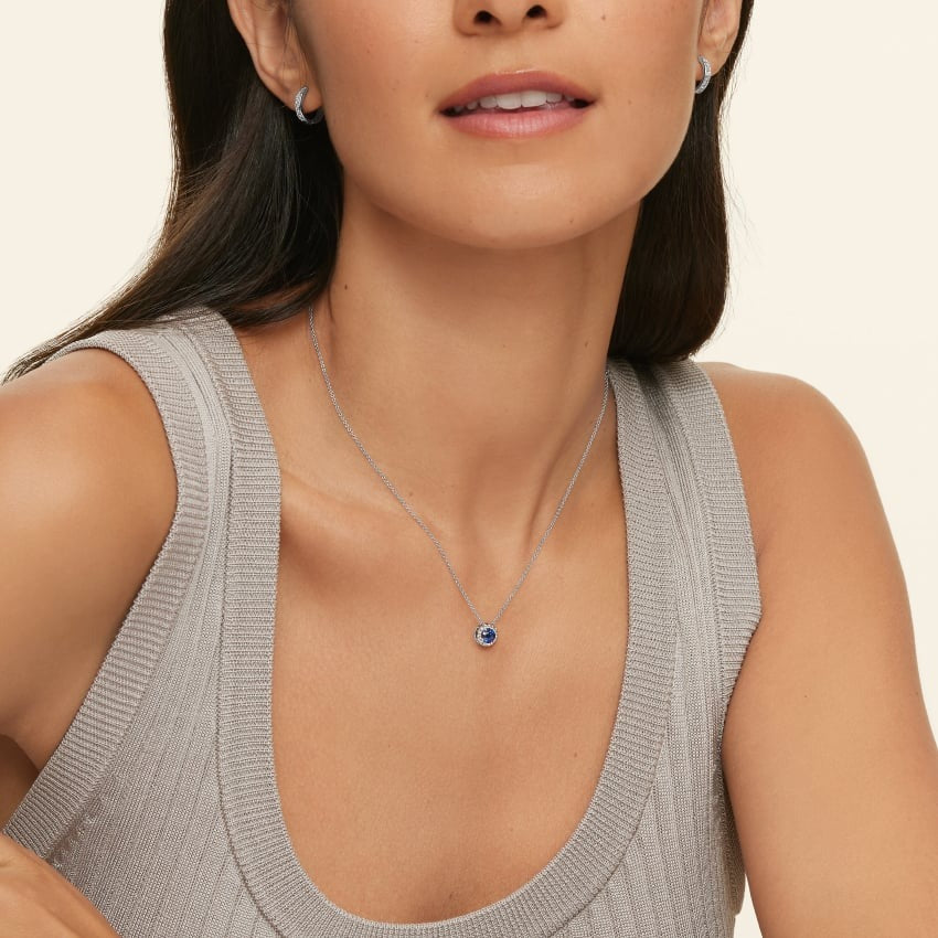 Silver Sapphire Halo Pendant with Moissanite Accents Necklace