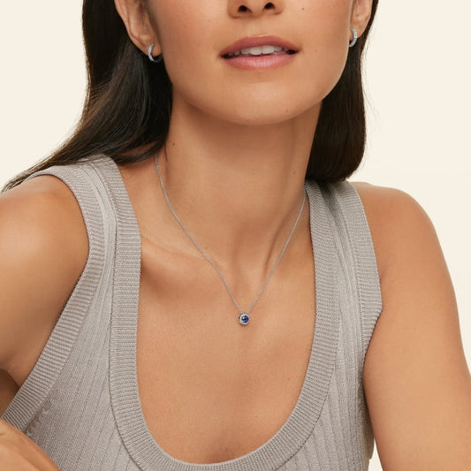 Silver Sapphire Halo Pendant with Moissanite Accents Necklace