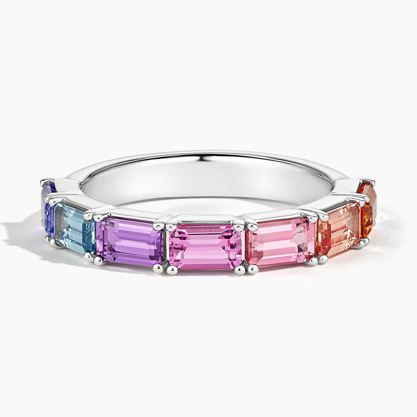 Sunset Fade Emerald-Cut Lab Gemstone Half Eternity Wedding Band - 3.2 mm