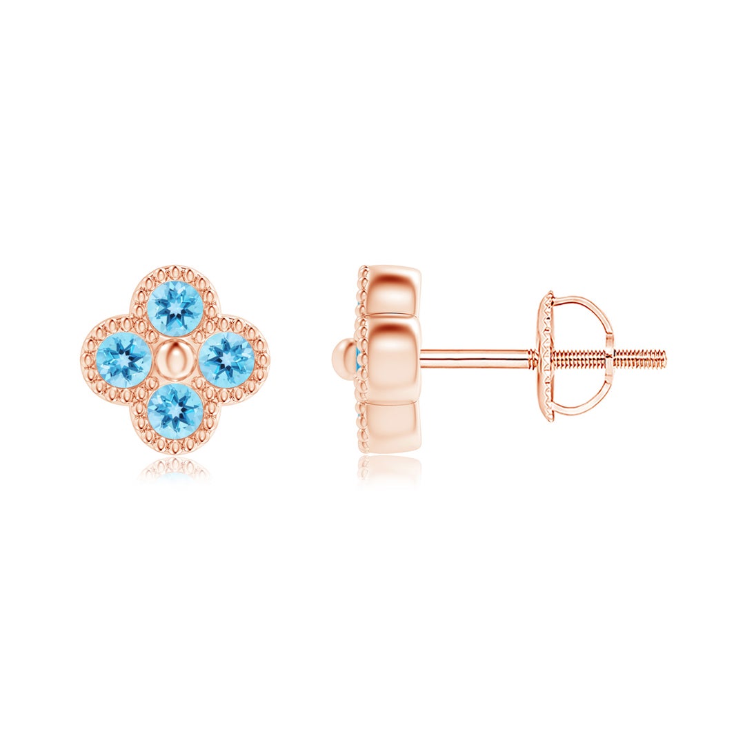 Swiss Blue Topaz Four Leaf Clover Beaded Edges Stud Earrings