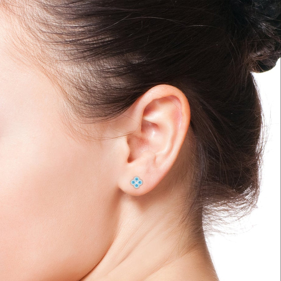 Swiss Blue Topaz Four Leaf Clover Beaded Edges Stud Earrings