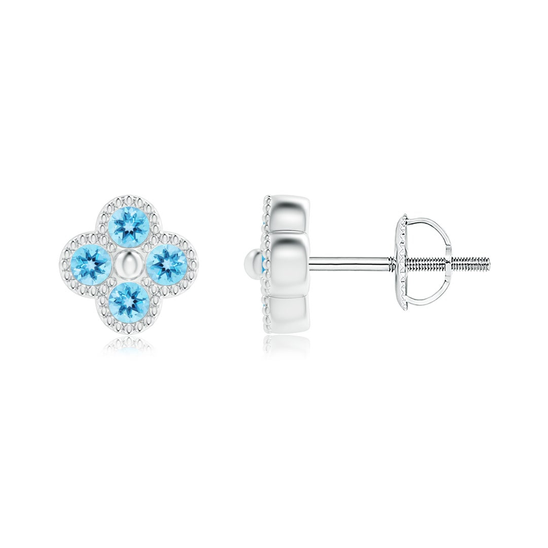 Swiss Blue Topaz Four Leaf Clover Beaded Edges Stud Earrings