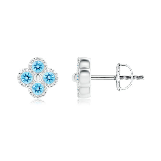 Swiss Blue Topaz Four Leaf Clover Beaded Edges Stud Earrings