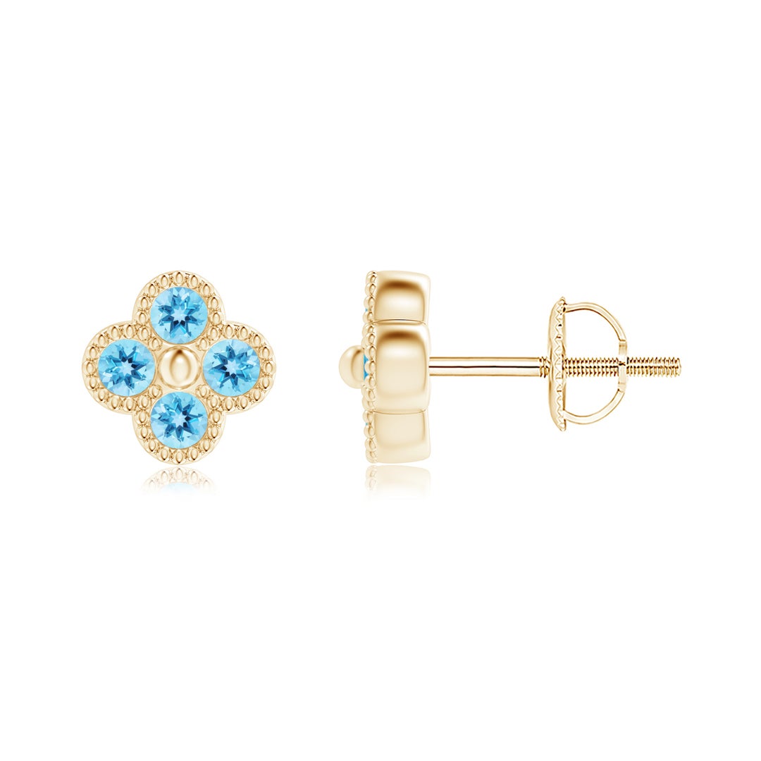 Swiss Blue Topaz Four Leaf Clover Beaded Edges Stud Earrings