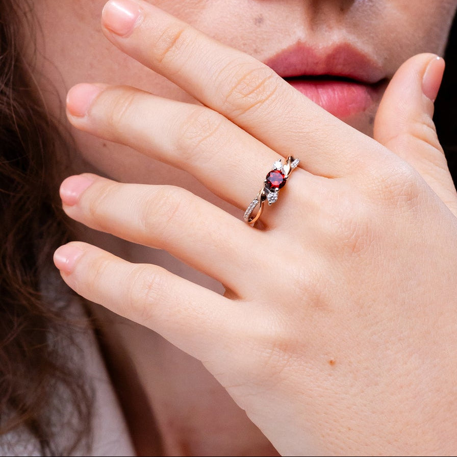 Three Stone Garnet Twisted Band Promise Ring