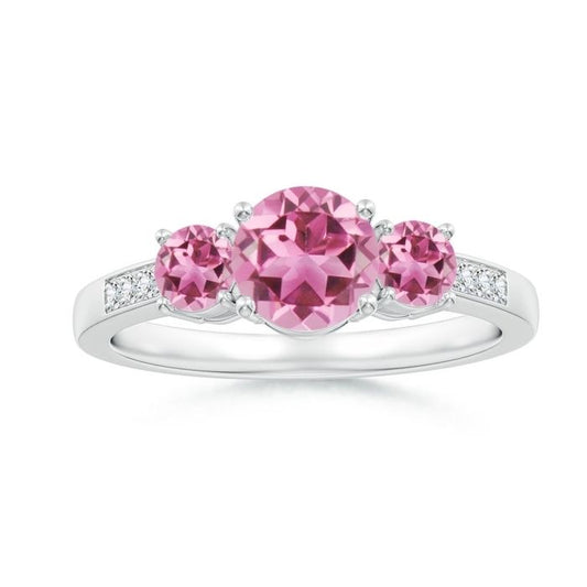 Three-Stone Pink Tourmaline Moissanite Accents Engagement Ring