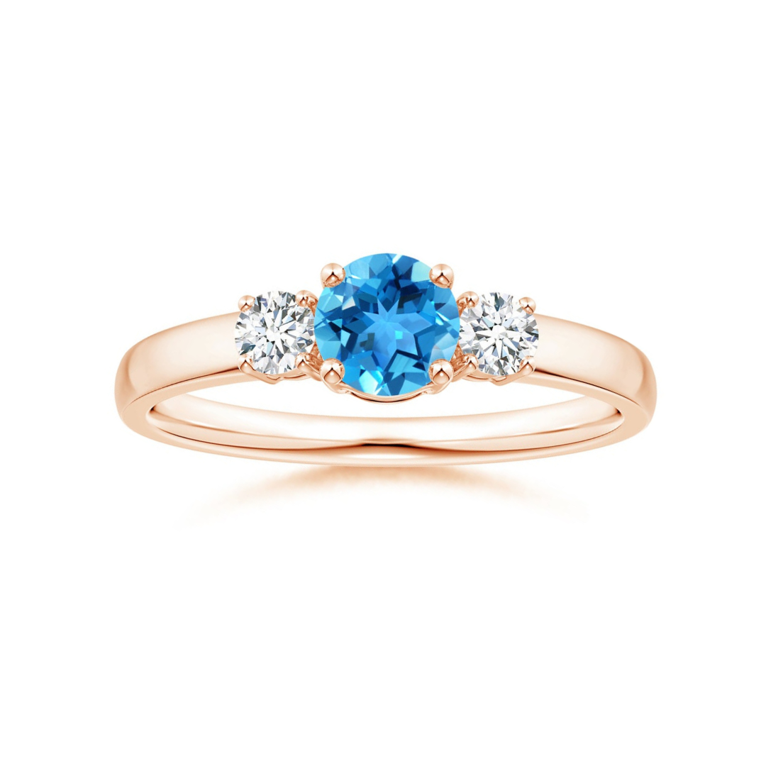 Three Stone Round Swiss Blue Topaz with Moissanite Accents Promise Ring