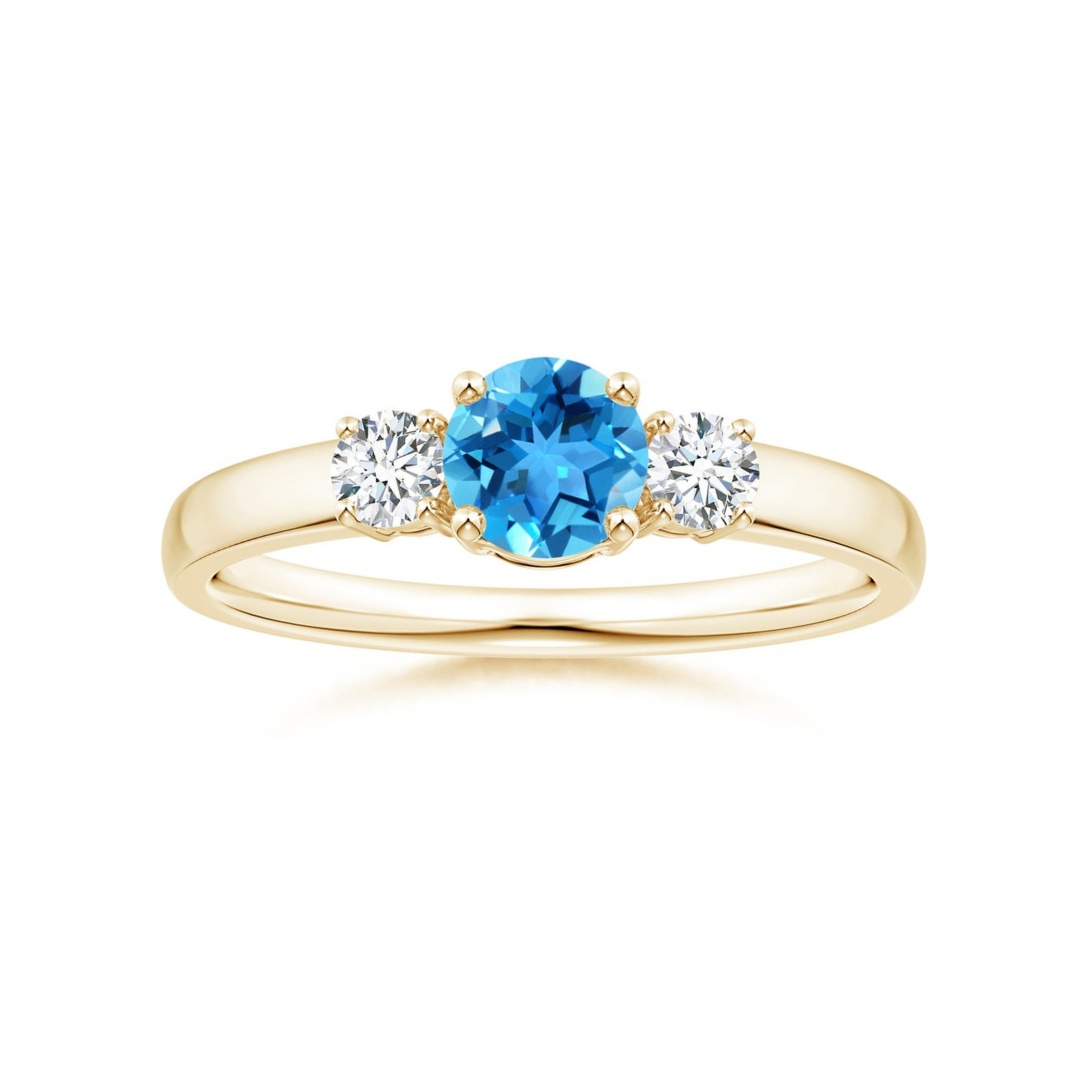 Three Stone Round Swiss Blue Topaz with Moissanite Accents Promise Ring
