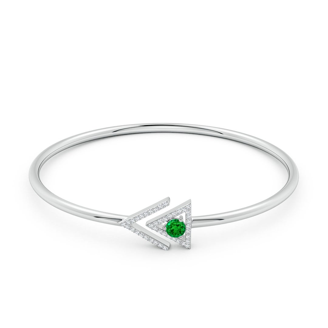 Triangle Geometric Frame Lab Emerald and Moissanite Open Cuff Bracelet