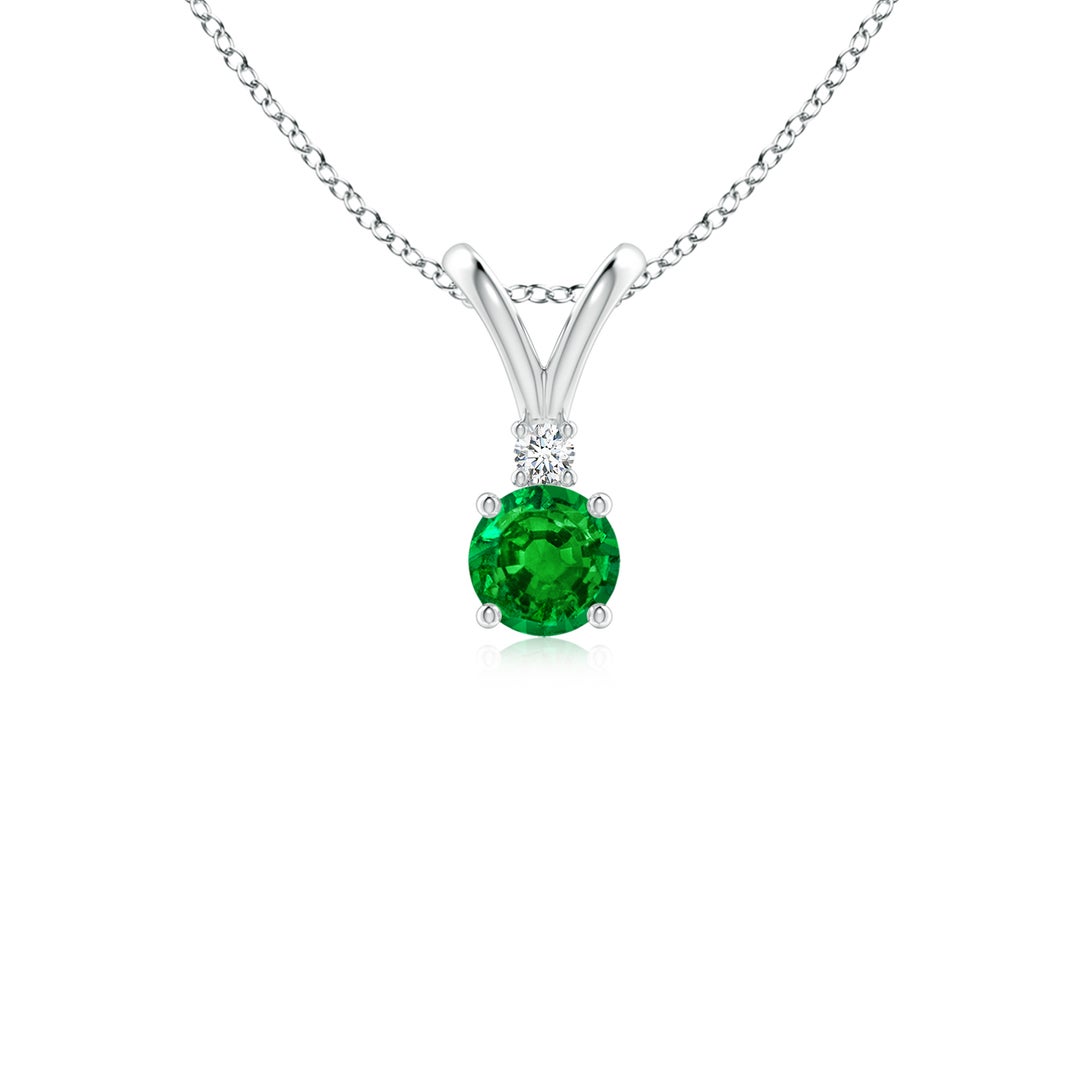 V-Bale Round Lab-Created Emerald with Moissanite Accent Pendant Necklace