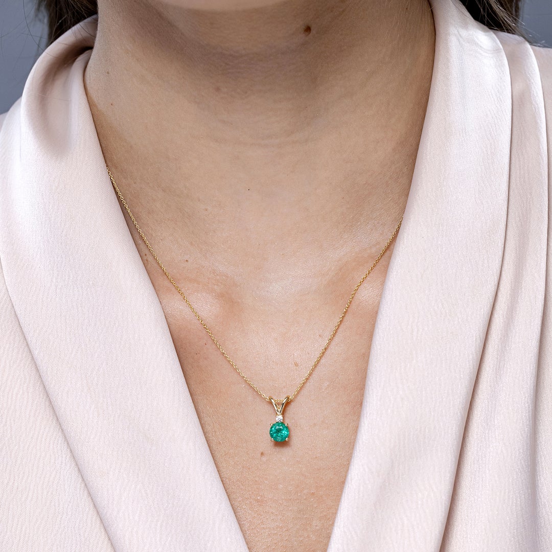 V-Bale Round Lab-Created Emerald with Moissanite Accent Pendant Necklace