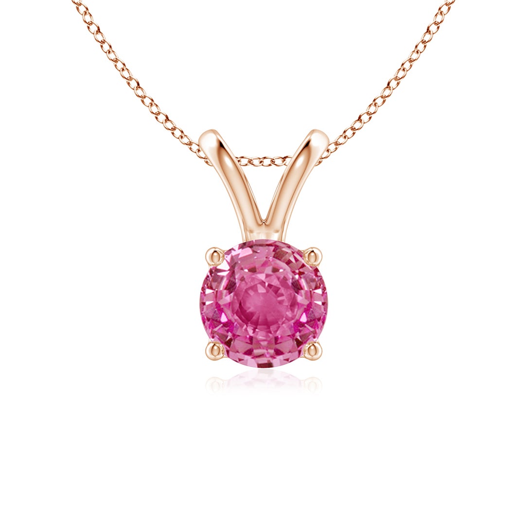 V-Bale Round Lab-Grown Pink Sapphire Solitaire Pendant Necklace