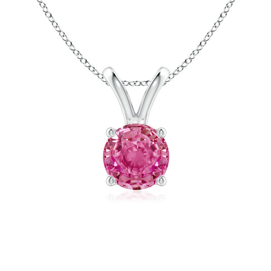 V-Bale Round Lab-Grown Pink Sapphire Solitaire Pendant Necklace