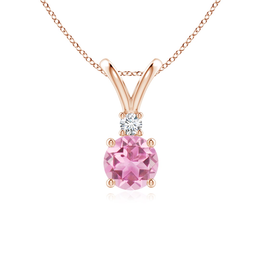 V Bale Round Pink Tourmaline with Moissanite Accent Pendant Necklace