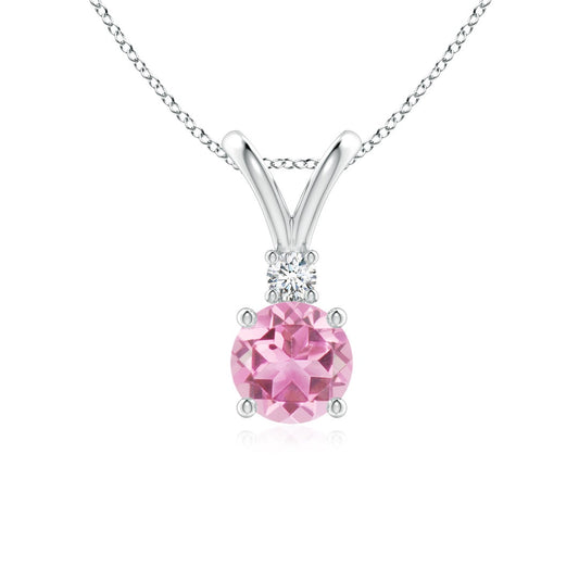 V Bale Round Pink Tourmaline with Moissanite Accent Pendant Necklace
