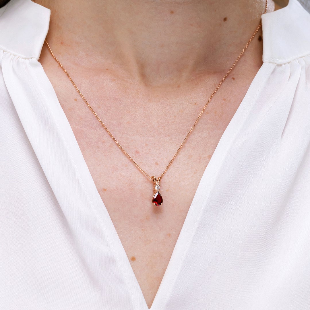 V-Bale Pear Garnet with Moissanite Pendant Necklace