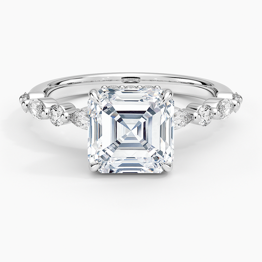 Versailles Asscher Moissanite Hidden Halo Engagement Ring with Mixed-Shape Band