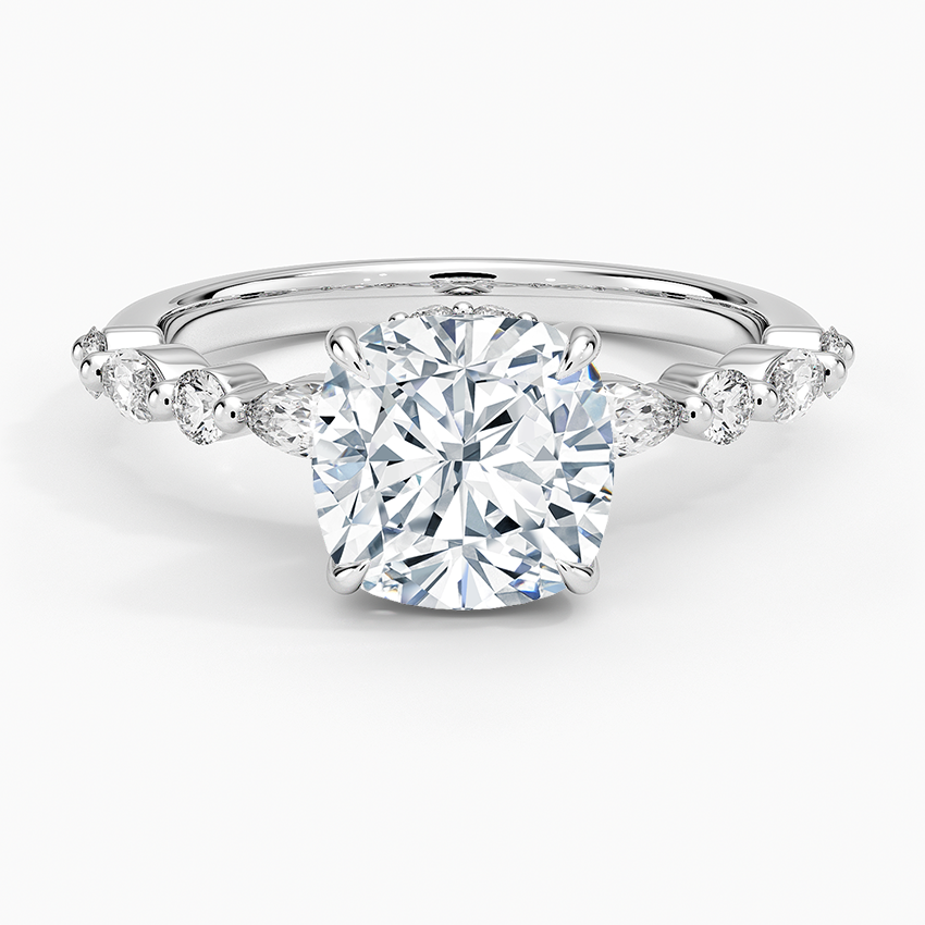 Versailles Cushion Moissanite Hidden Halo Engagement Ring with Mixed-Shape Band