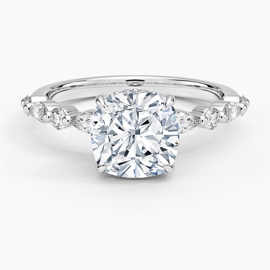 Versailles Cushion Moissanite Hidden Halo Engagement Ring with Mixed-Shape Band