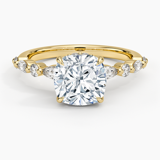 Versailles Cushion Moissanite Hidden Halo Engagement Ring with Mixed-Shape Band