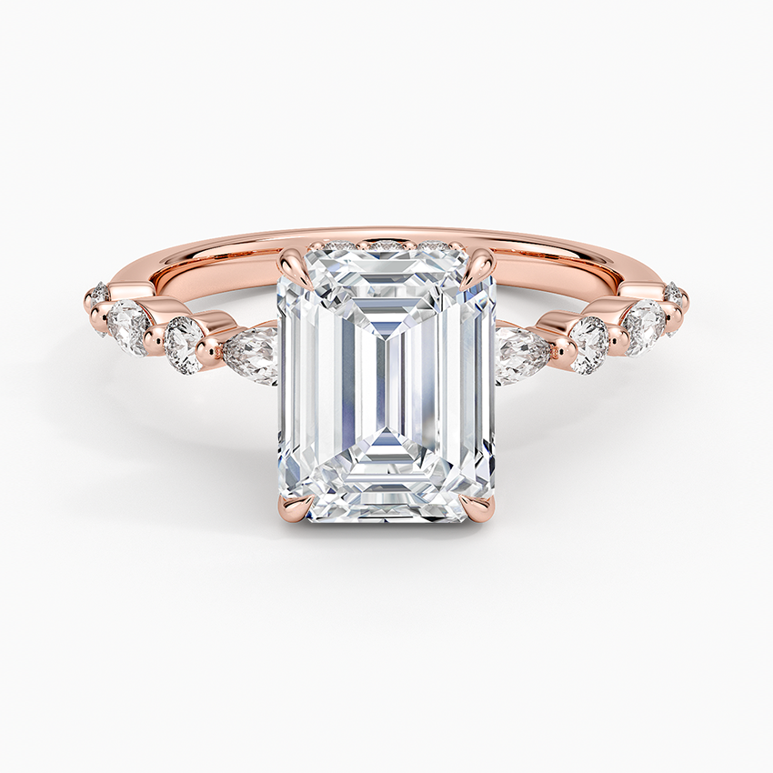 Versailles Emerald Moissanite Hidden Halo Engagement Ring with Mixed-Shape Band