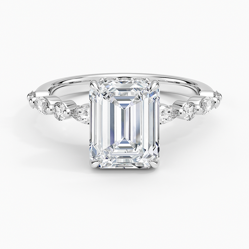 Versailles Emerald Moissanite Hidden Halo Engagement Ring with Mixed-Shape Band
