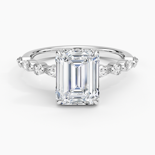 Versailles Emerald Moissanite Hidden Halo Engagement Ring with Mixed-Shape Band