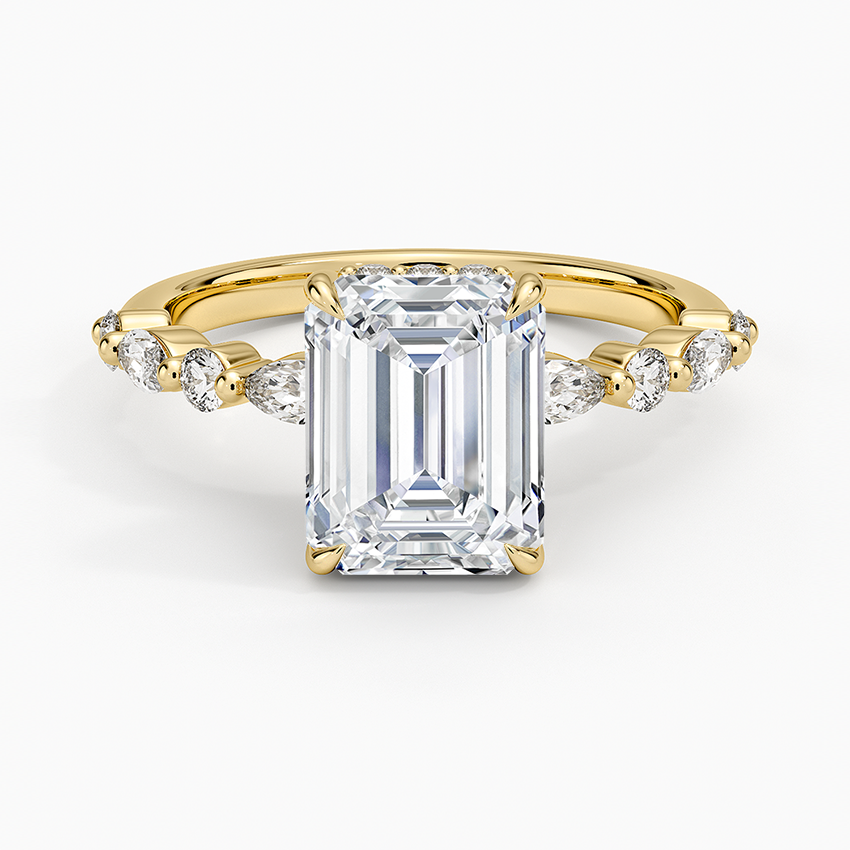 Versailles Emerald Moissanite Hidden Halo Engagement Ring with Mixed-Shape Band