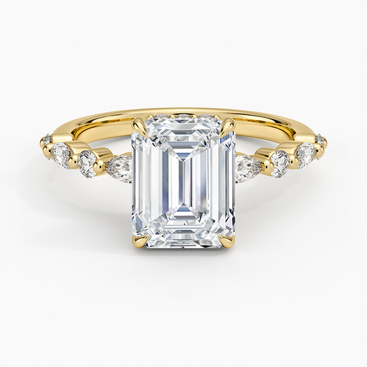 Versailles Emerald Moissanite Hidden Halo Engagement Ring with Mixed-Shape Band