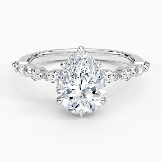 Versailles Pear Moissanite Hidden Halo Engagement Ring with Mixed-Shape Band