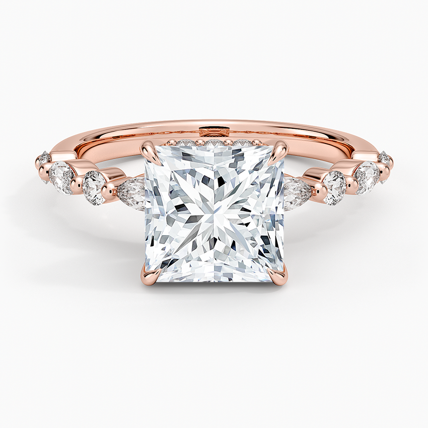 Versailles Princess Moissanite Hidden Halo Engagement Ring with Mixed-Shape Band