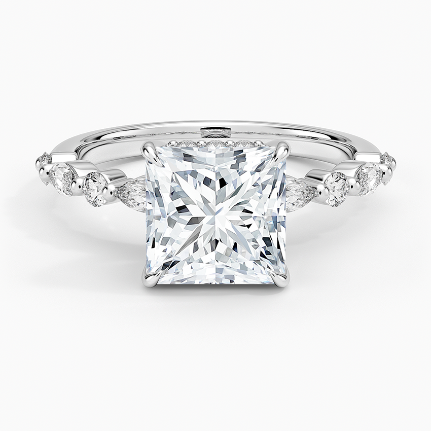 Versailles Princess Moissanite Hidden Halo Engagement Ring with Mixed-Shape Band