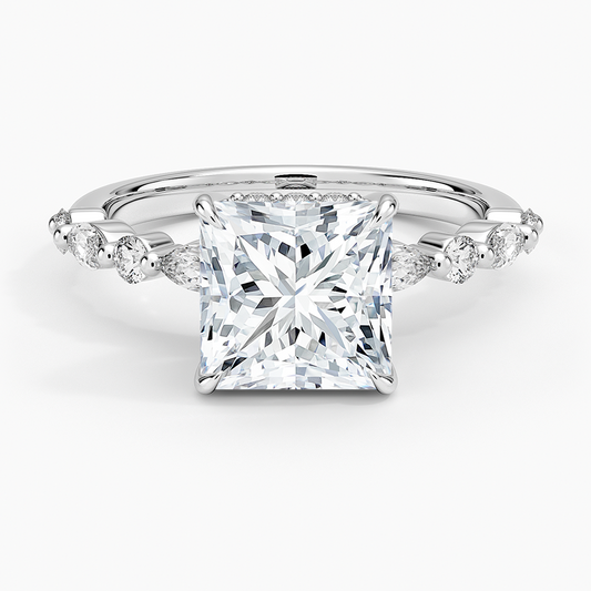 Versailles Princess Moissanite Hidden Halo Engagement Ring with Mixed-Shape Band