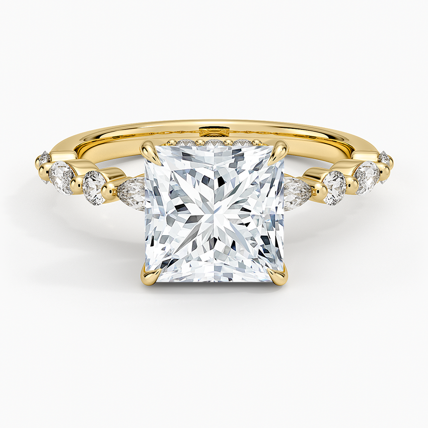 Versailles Princess Moissanite Hidden Halo Engagement Ring with Mixed-Shape Band