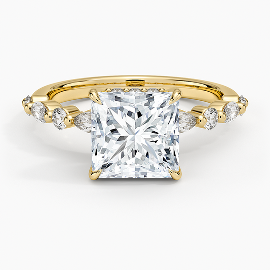 Versailles Princess Moissanite Hidden Halo Engagement Ring with Mixed-Shape Band