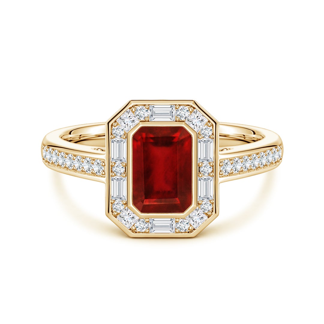 Vintage Emerald Lab Ruby with Multi-Shape Moissanite Halo Engagement Ring