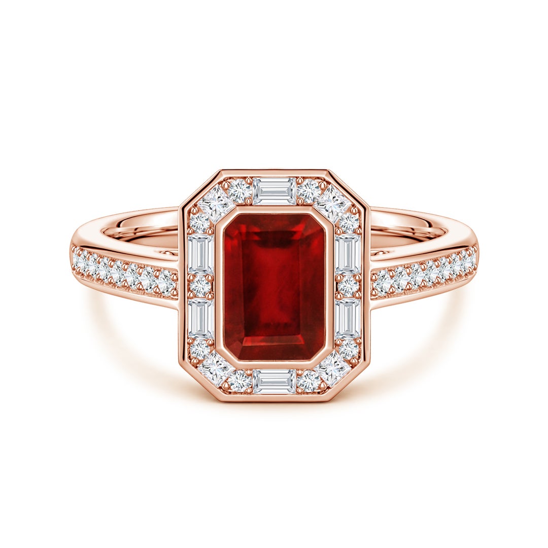Vintage Emerald Lab Ruby with Multi-Shape Moissanite Halo Engagement Ring