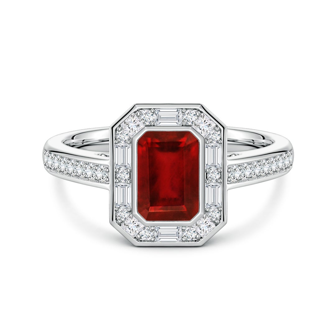 Vintage Emerald Lab Ruby with Multi-Shape Moissanite Halo Engagement Ring