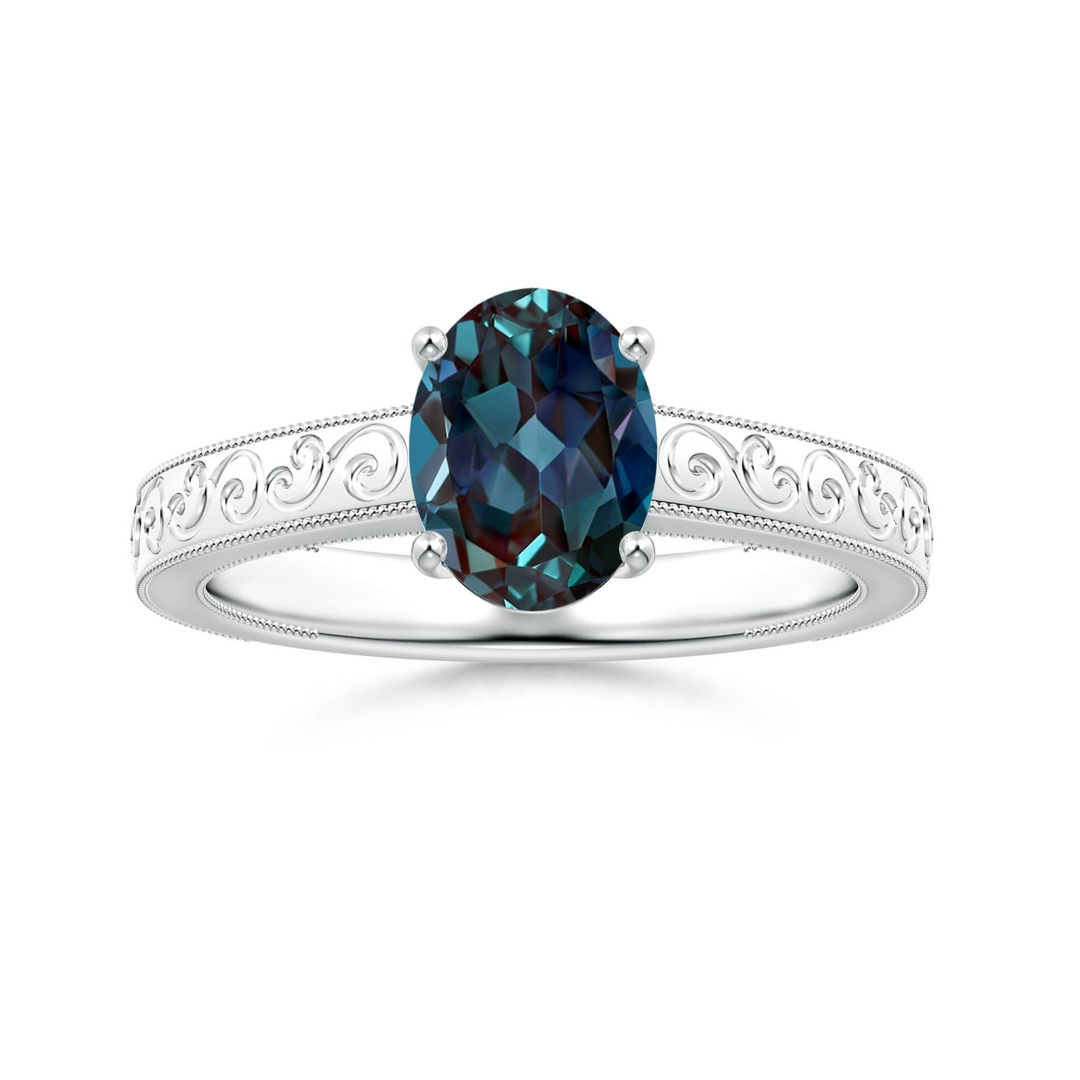 Vintage-Inspired Oval Lab Alexandrite with Engraved Shank Engagement Ring