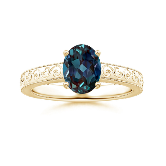 Vintage-Inspired Oval Lab Alexandrite with Engraved Shank Engagement Ring