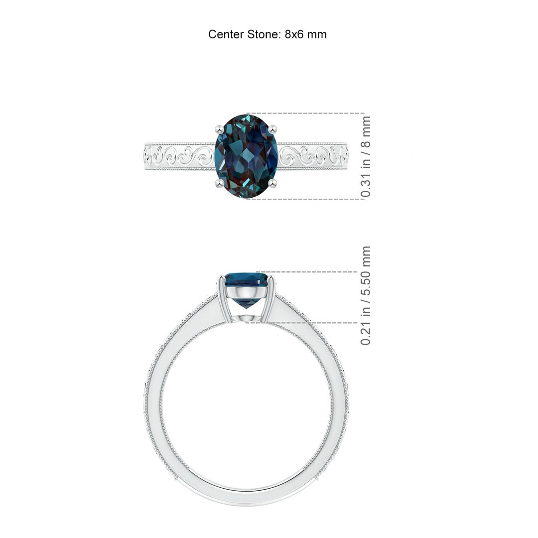 Vintage-Inspired Oval Lab Alexandrite with Engraved Shank Engagement Ring