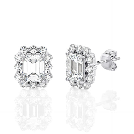 Vintage-Inspired Emerald Cut Halo Moissanite Stud Earrings