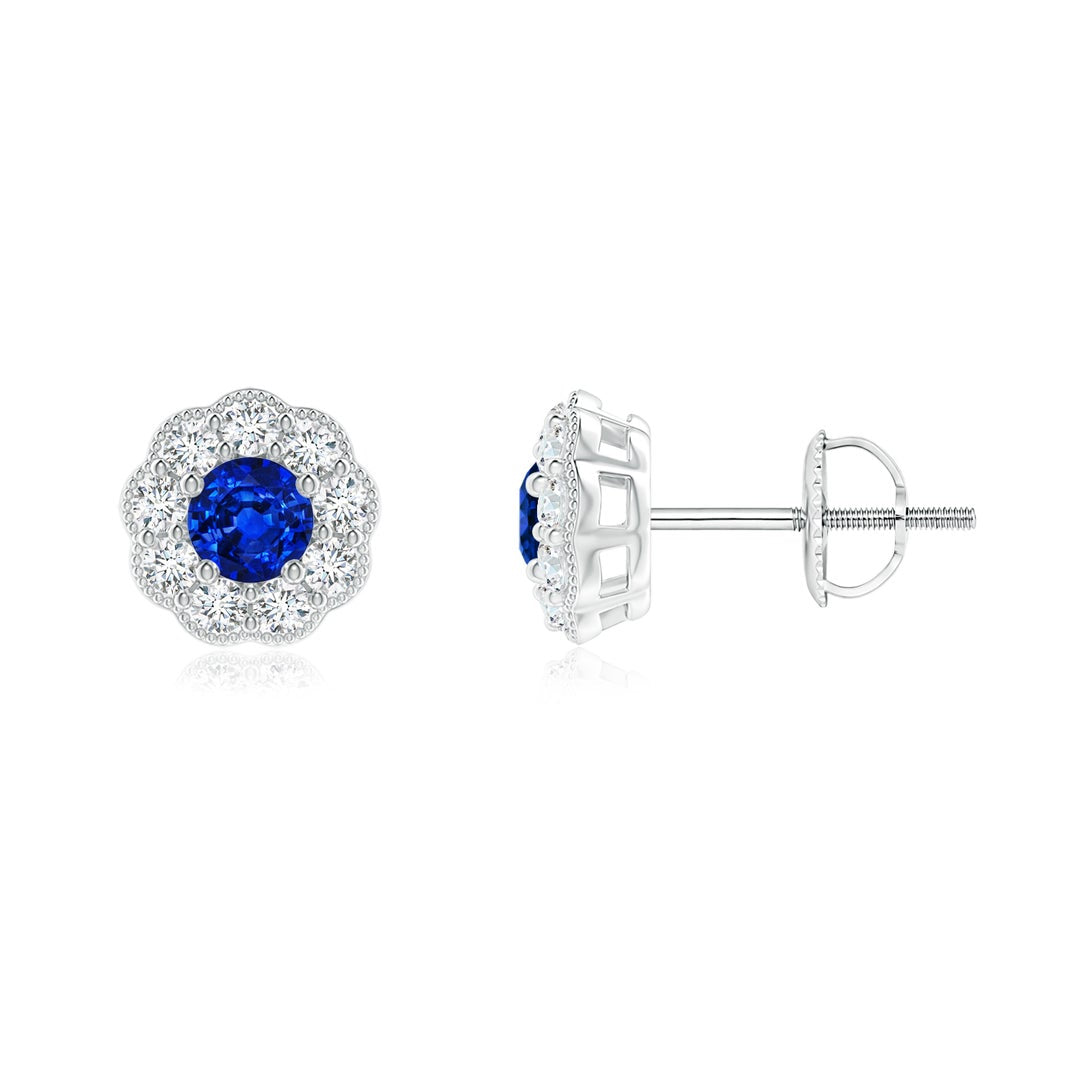 Vintage Round Lab Blue Sapphire with Moissanite Halo Stud Earrings
