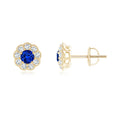 Vintage Round Lab Blue Sapphire with Moissanite Halo Stud Earrings