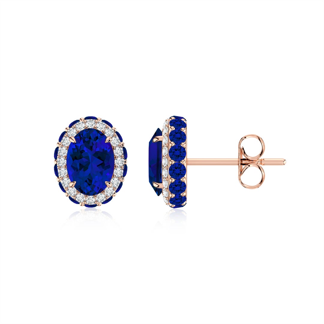 Vintage Oval Lab Blue Sapphire Double Halo with Moissanite Stud Earrings