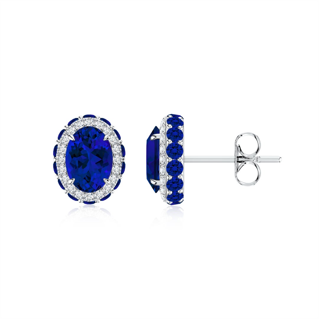 Vintage Oval Lab Blue Sapphire Double Halo with Moissanite Stud Earrings