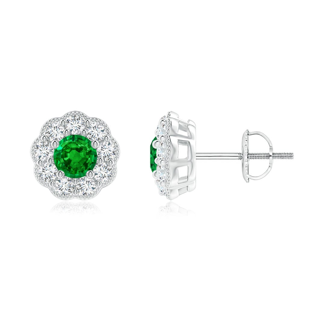 Vintage Round Lab-Created Emerald with Moissanite Halo Stud Earrings